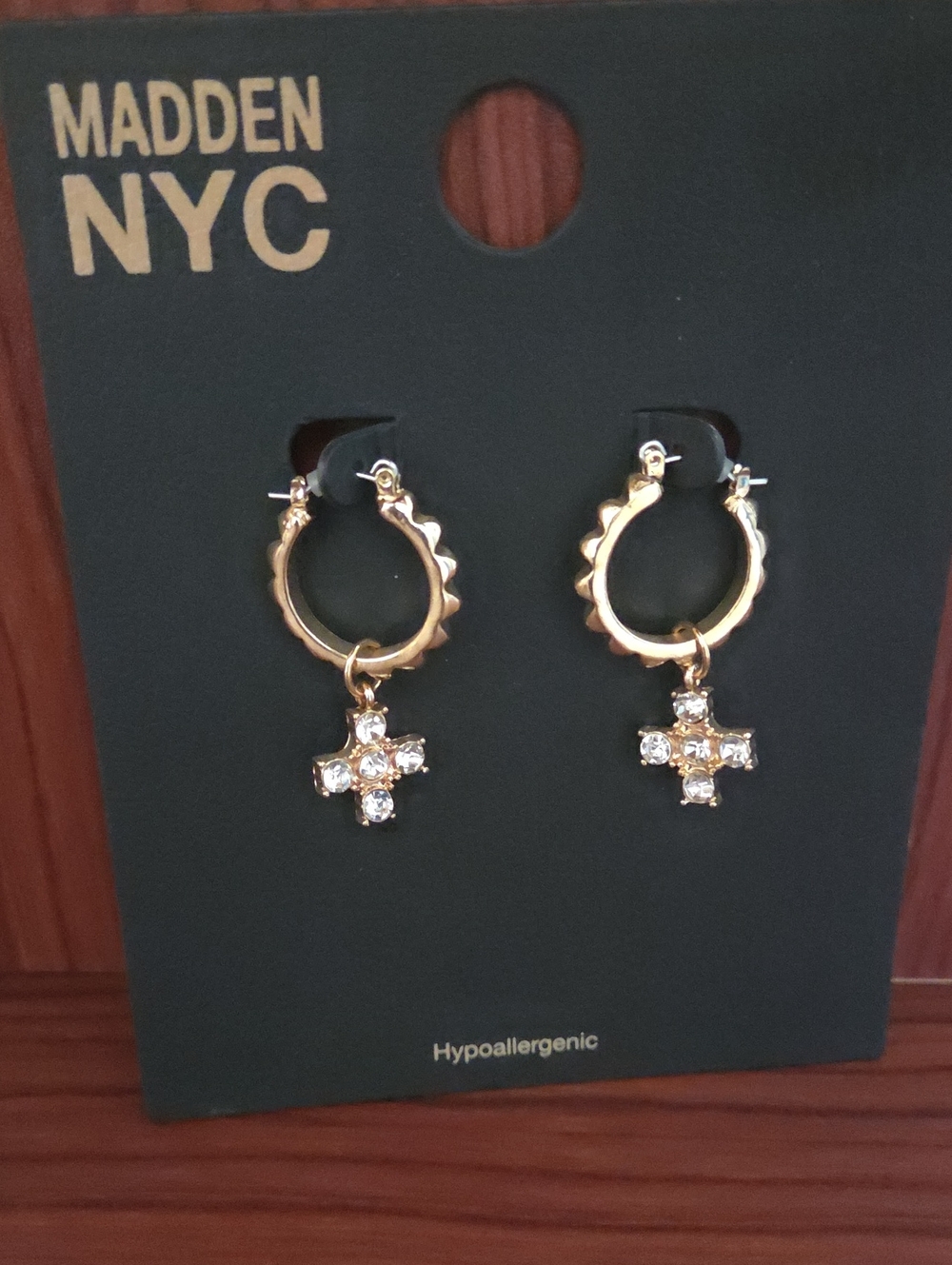 Madden NYC Gold Hoop Earrings with Crystal Cross Drops